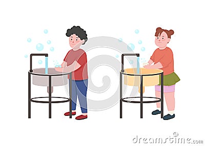 Kids wash hands with soap flat color vector faceless character set Vector Illustration