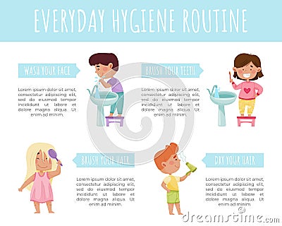 Kids Washing Engaged in Everyday Hygiene Routine Vector Template Stock Photo