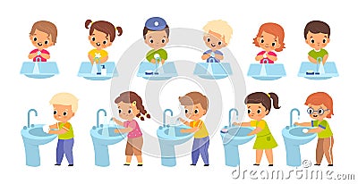 Kids washing hands. Girls and boys observe personal hygiene, disinfect arms with antibacterial soap bars and gels Vector Illustration