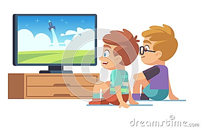 Kids watch tv. Children movie home boy girl watches tv set displaying picture screen character electric monitor cartoon Vector Illustration