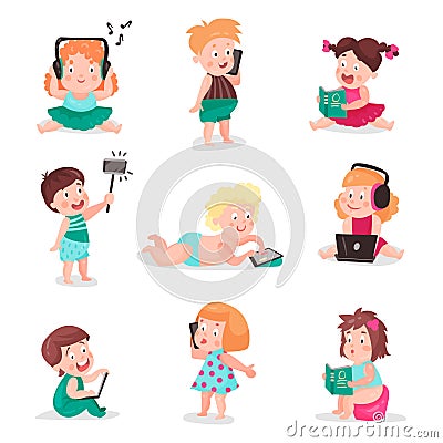 Kids watching, listening, photographing and playing with electronic devices, colorful vector Illustrations Vector Illustration