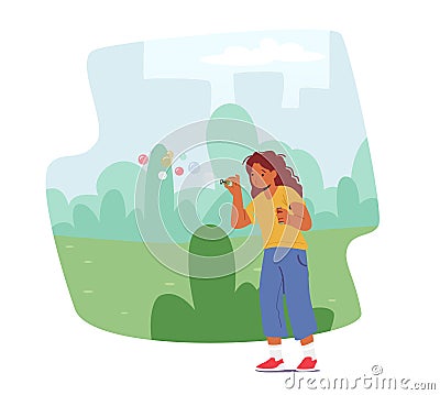 Kids Water Game on Summer Vacation or Holidays. Little Girl Blow Soap Bubbles in City Park. Child Playing on Street Vector Illustration