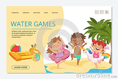 Kids water games vector landing page template. Happy summer kids characters Vector Illustration