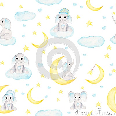 Kids watercolor elephant baby animal, clouds and half moon clipart. Nursery art illustration in trendy style Cartoon Illustration