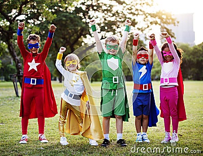 Kids Wear Superhero Costume Outdoors Stock Photo