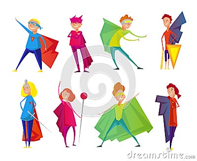 Kids wearing colorful costumes of different superheroes. Cartoon Illustration