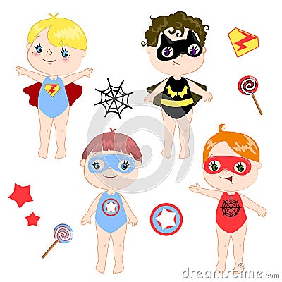 Kids wearing colorful costumes of different superheroes retro set isolated on white background cartoon vector Vector Illustration