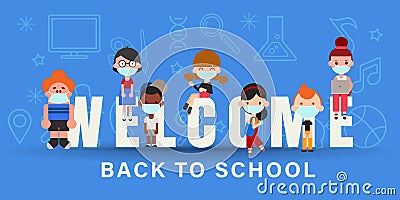 Kids wearing face mask during Covid-19 pandemic. Back to school banner illustration Vector Illustration