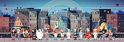 Kids wearing monsters costumes walking night town holiday concept cityscape background tricks or treat happy halloween Vector Illustration