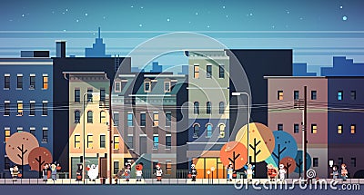 Kids wearing monsters costumes walking night town holiday concept cityscape background tricks or treat happy halloween Vector Illustration