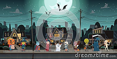 Kids Wearing Monsters Costumes Walking In Town Tricks Or Treat Happy Halloween Banner Holiday Concept Vector Illustration