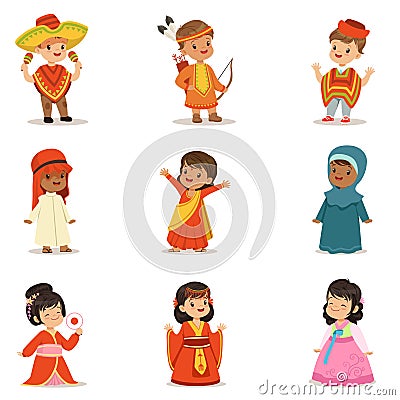 Kids Wearing National Costumes Of Different Countries Collection Of Cute Boys And Girls In Clothes Representing Vector Illustration