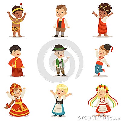 Kids Wearing National Costumes Of Different Countries Set Of Cute Boys And Girls In Clothes Representing Nationality Vector Illustration