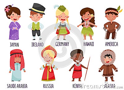 Kids Wearing National Costumes of Different Countries Vector Illustration Set Vector Illustration