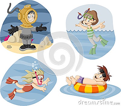 Kids wearing Scuba diving suit. Vector Illustration