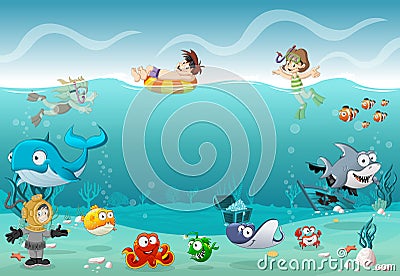 Kids wearing Scuba diving suit and swimming with fish under the sea. Vector Illustration