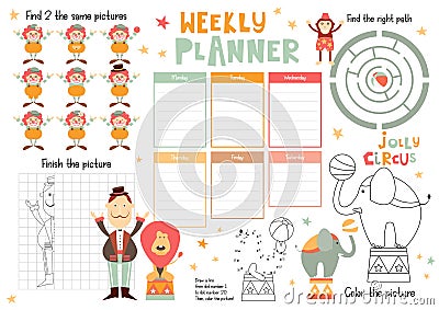 Kids Weekly Planner Template Vector Illustration