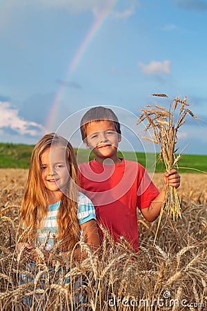 Kids in wheat field at harvest time Stock Photo