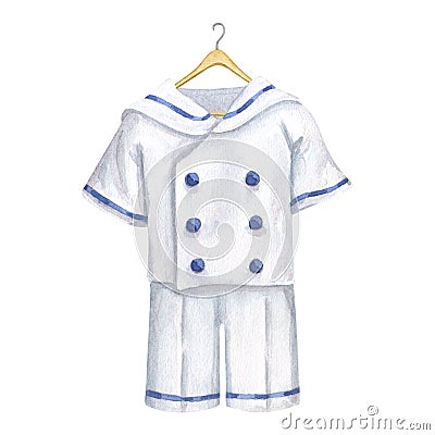 Kids white sailor costume, antique clothing for a little boy. Marine shirt and shorts on wooden hanger. Hand drawn Cartoon Illustration