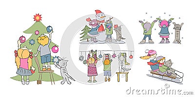 Kids winter activities, set of vector illustrations. Children and cat decorating Christmas tree and playing outside Vector Illustration