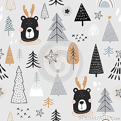 Christmas winter seamless pattern for kids with cute bears and trees Vector Illustration