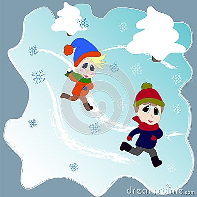 Kids winter playing. Winter fun time. Vector Illustration