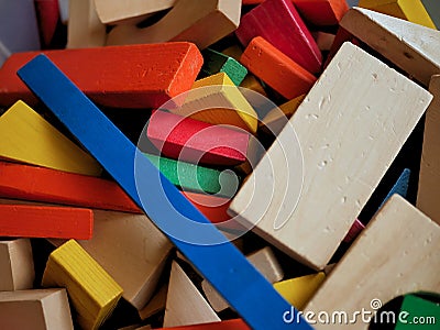 Kids Wooden Building Blocks Brightly Colored in Toy Box Stock Photo