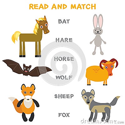 Kids words learning game worksheet read and match. Funny animals bat hare horse wolf sheep fox Educational Game for Preschool Chil Vector Illustration