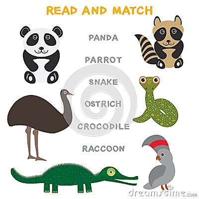 Kids words learning game worksheet read and match. Funny animals ostrich raccoon snake crocodile panda parrot Educational Game for Vector Illustration