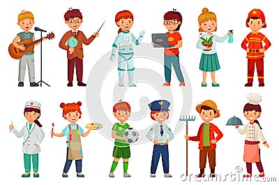 Kids workers. Child professional uniform, policeman kid and baby job professions cartoon vector set Vector Illustration