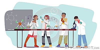 Kids Working and Experimenting in Refinery Laboratory, Children Characters Study Chemistry in Classroom with Test Tubes Vector Illustration