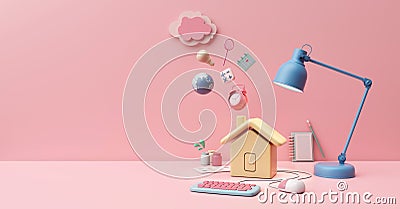 kids working table and cute pastel pink walls. 3D objects of learning education Cartoon Illustration