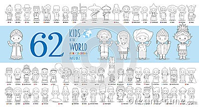 Kids of the World Vector Characters Collection Part 2: Set of 62 children of different nationalities for coloring Vector Illustration