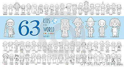 Kids of the World Vector Characters Collection Part 1: Set of 63 children of different nationalities for coloring Vector Illustration