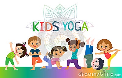 Kids Yoga Horizontal Banners Design Concept. Girls and Boys In Yoga Position Vector Illustration. Vector Illustration