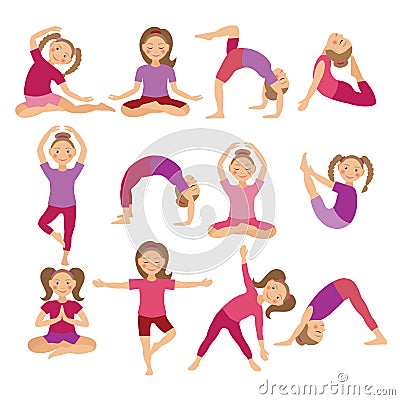 Kids Yoga Poses Vector Illustration. Child doing exercises. Posture for Kid. Healthy Children Lifestyle. Babies gymnastics. Sports Stock Photo