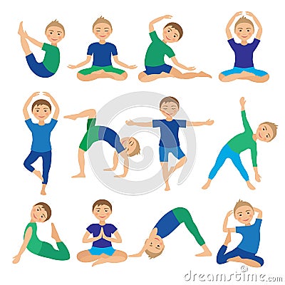 Kids Yoga Poses Vector Illustration. Child doing exercises. Posture for Kid. Healthy Children Lifestyle. Babies gymnastics. Sports Stock Photo