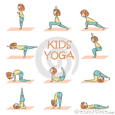 Kids yoga set with cute cartoon girl Vector Illustration