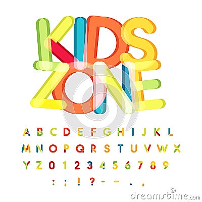 Kids zone alphabet, candy style, colorful vector font. Kids party, childrens birthday alphabet, holiday decoration Vector Illustration