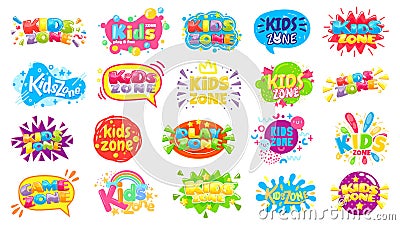 Kids zone badges. Kid play room label, colorful game area banner and funny badge vector set Vector Illustration