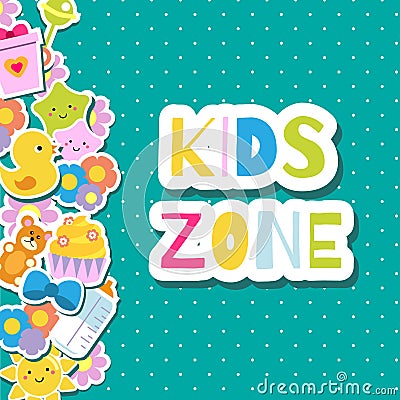 Kids zone banner. Colorful border Frame background with children toys and symbols. Vector Illustration