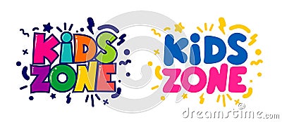 Kids zone cartoon logo. Set of design colorful bubble letters for children`s playroom decoration. Flat design element. Vector Cartoon Illustration