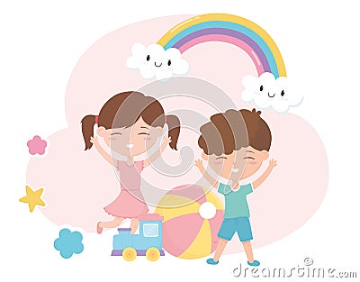 Kids zone, cute little boy and girl train ball stars cartoon toys Vector Illustration