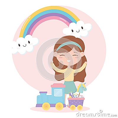 Kids zone, cute little girl with toys train horse stick blocks Vector Illustration