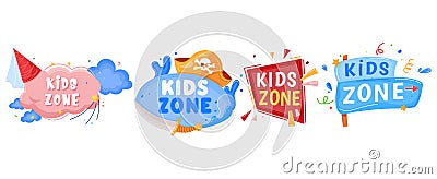 Kids zone emblem, baby label, play sign playground, colorful party logo, entertainment symbol, cartoon style vector Vector Illustration