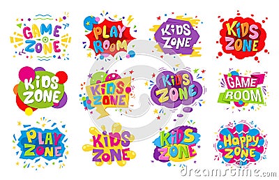 Kids zone emblem colorful cartoon illustrations set Vector Illustration