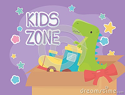 Kids zone, filled box train and green dinosaur toys Vector Illustration