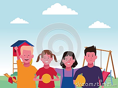 Kids zone, happy boys and girls with balls and swing slide seesaw playground Vector Illustration