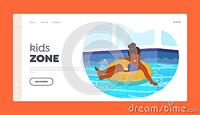 Kids Zone Landing Page Template. Child Swimming in Pool Float on Inflatable Ring. Little Girl Character Enjoying Water Vector Illustration