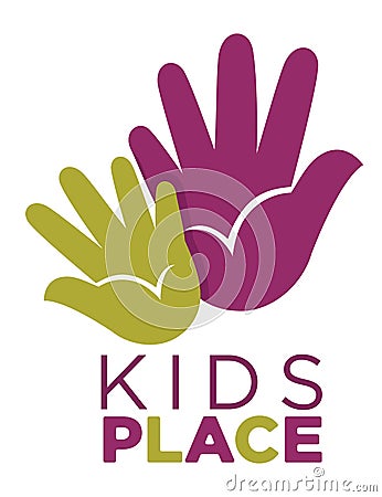 Kids zone logo template of child palm hands smiling face smiles and letters. Vector Illustration